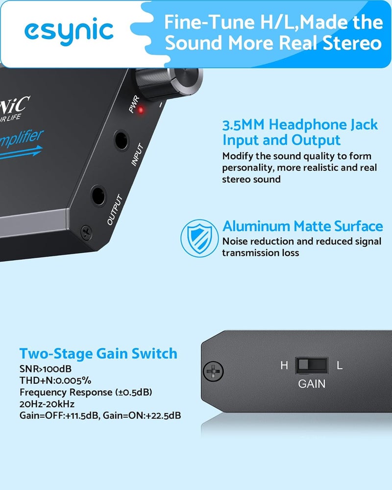 eSynic 16-600Ω Headphone Amplifier Portable - HiFi 3.5MM Audio Headphone Amp Rechargeable with 2-Stage Gain Switch-Aluminum Alloy Case &12H Playtime-0.0005% THD for MP3/Phone/PC/Laptop/Car (3.5mm AUX) - Image 2